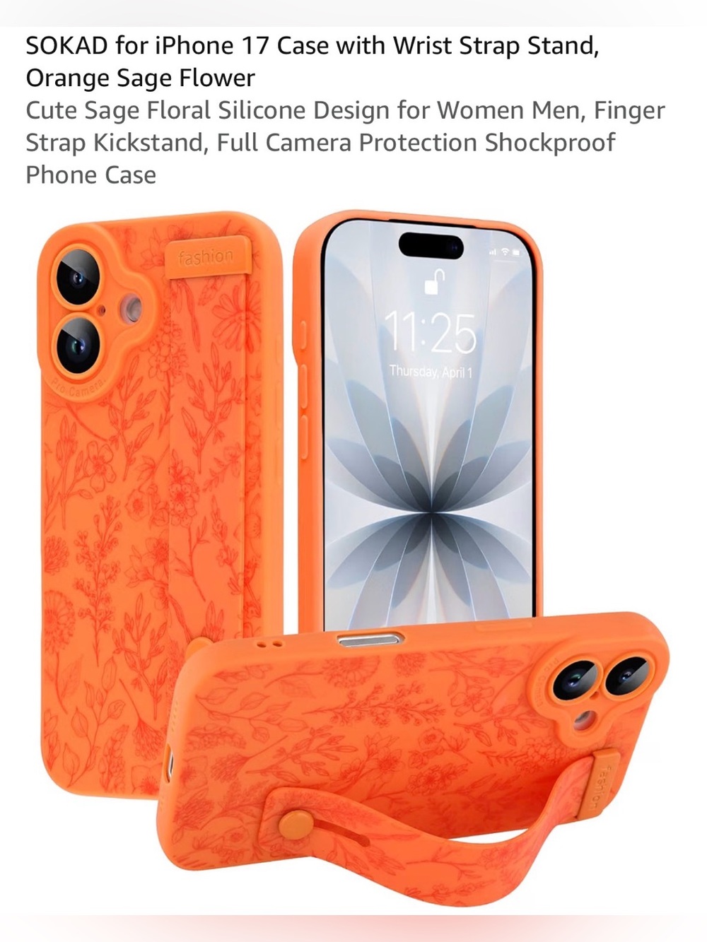 Floral Silicone Wrist-Strap Case for iPhone 17 - Orange full camera protection